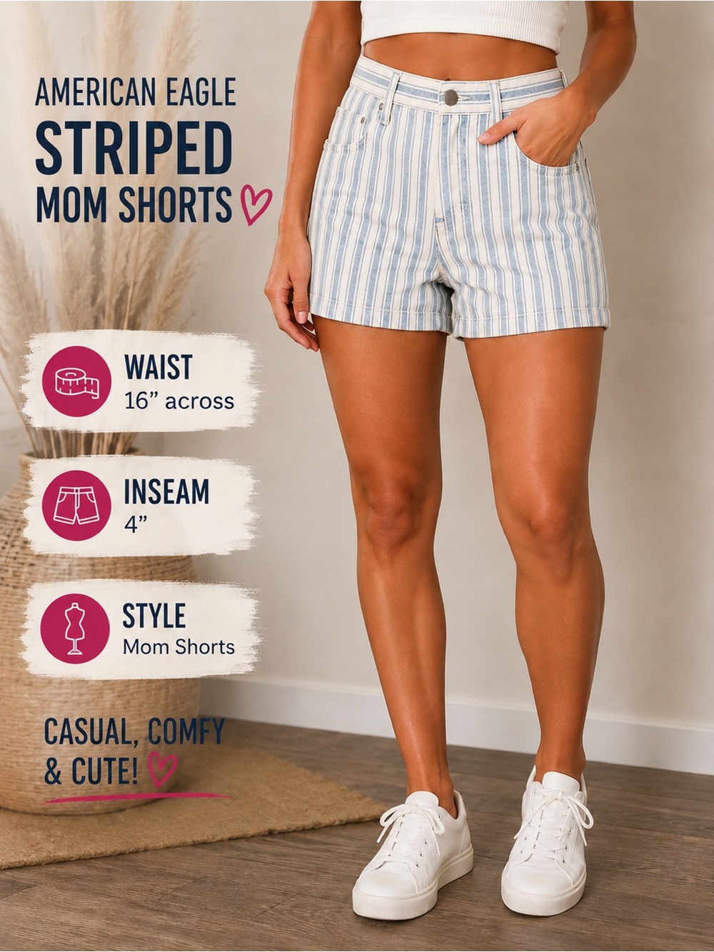 American Eagle Outfitters Blue & White Striped Mom Jean Shorts